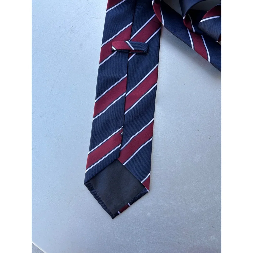 Navy Blue Burgundy White Striped Silk-Feel Microfill Classic Mens Necktie Logo